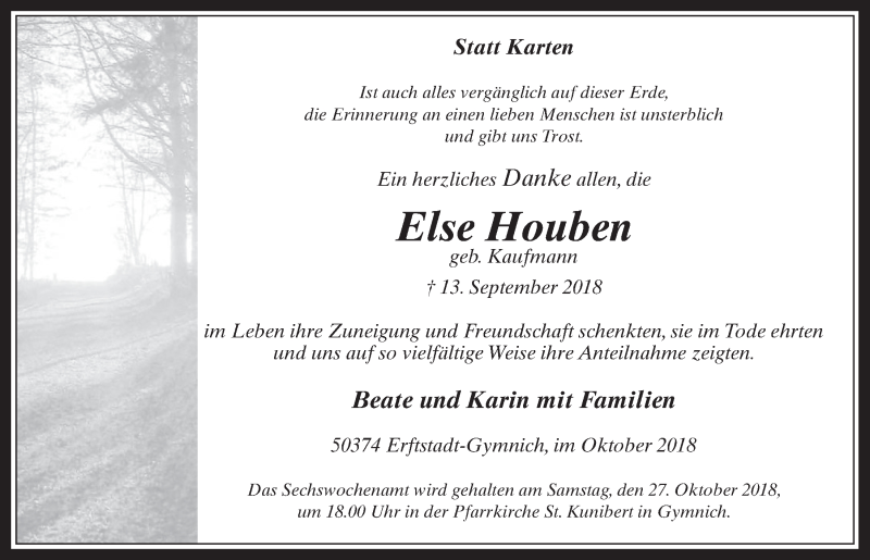  Traueranzeige für Else Houben vom 24.10.2018 aus  Werbepost 