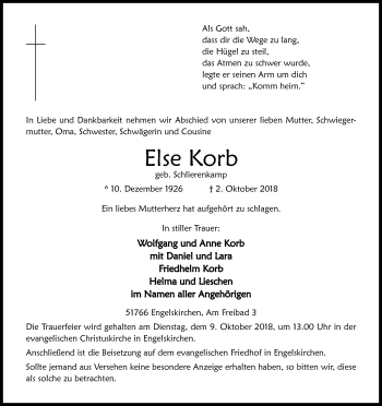 Anzeige von Else Korb von Kölner Stadt-Anzeiger / Kölnische Rundschau / Express