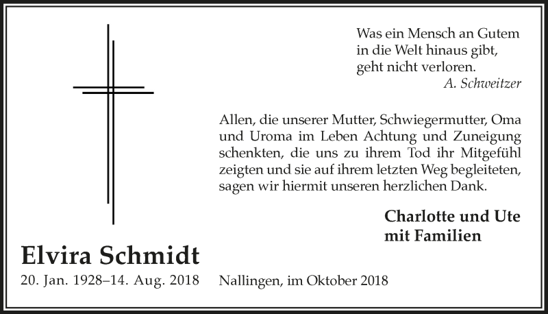  Traueranzeige für Elvira Schmidt vom 10.10.2018 aus  Lokalanzeiger 