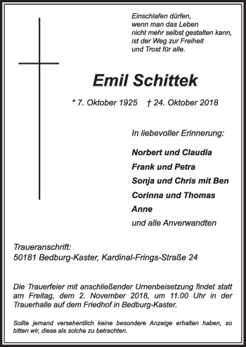 Anzeige von Emil Schittek von  Sonntags-Post 