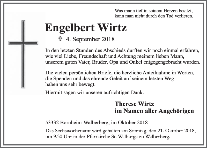  Traueranzeige für Engelbert Wirtz vom 17.10.2018 aus  Schlossbote/Werbekurier 