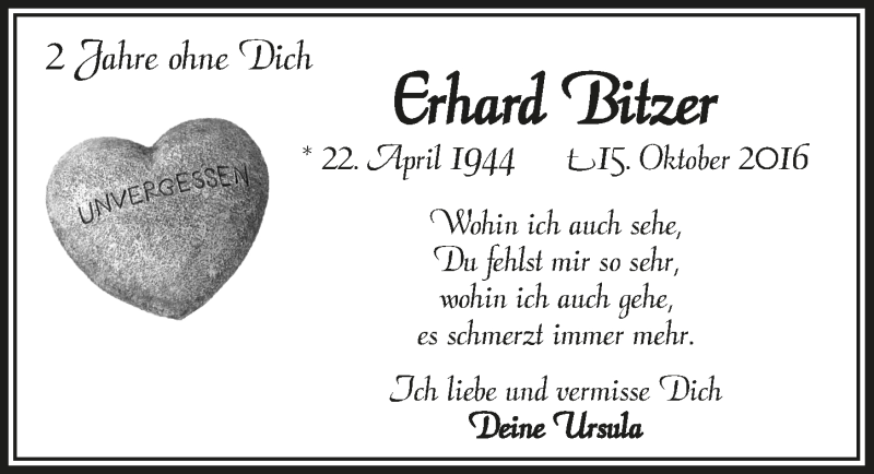  Traueranzeige für Erhard Bitzer vom 10.10.2018 aus  Lokalanzeiger 