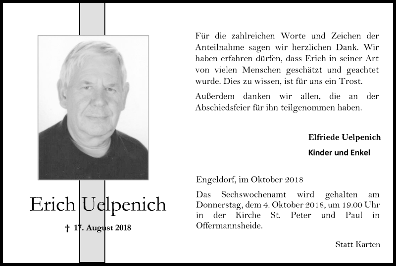  Traueranzeige für Erich Uelpenich vom 02.10.2018 aus Kölner Stadt-Anzeiger / Kölnische Rundschau / Express