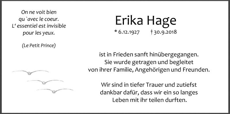  Traueranzeige für Erika Hage vom 13.10.2018 aus Kölner Stadt-Anzeiger / Kölnische Rundschau / Express