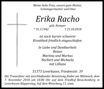 Anzeige von Erika Racho von Kölner Stadt-Anzeiger / Kölnische Rundschau / Express