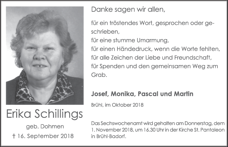  Traueranzeige für Erika Schillings vom 24.10.2018 aus  Schlossbote/Werbekurier 