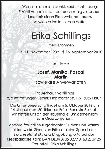 Anzeige von Erika Schillings von  Schlossbote/Werbekurier 