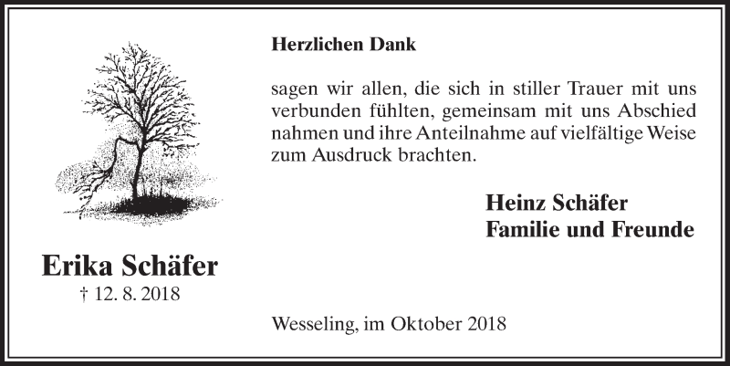  Traueranzeige für Erika Schäfer vom 10.10.2018 aus  Schlossbote/Werbekurier 