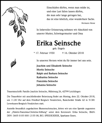 Anzeige von Erika Seinsche von Kölner Stadt-Anzeiger / Kölnische Rundschau / Express