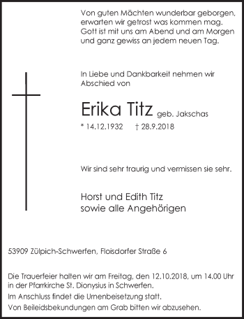 Anzeige von Erika Titz von  Blickpunkt Euskirchen 
