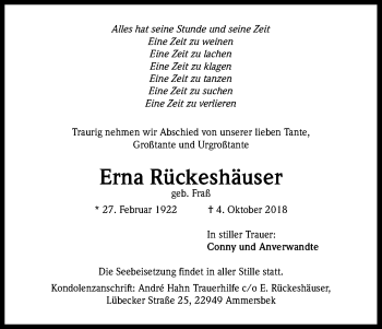 Anzeige von Erna Rückeshäuser von Kölner Stadt-Anzeiger / Kölnische Rundschau / Express
