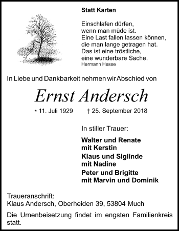 Anzeige von Ernst Andersch von Kölner Stadt-Anzeiger / Kölnische Rundschau / Express