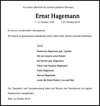 Anzeige von Ernst Hagemann von Kölner Stadt-Anzeiger / Kölnische Rundschau / Express