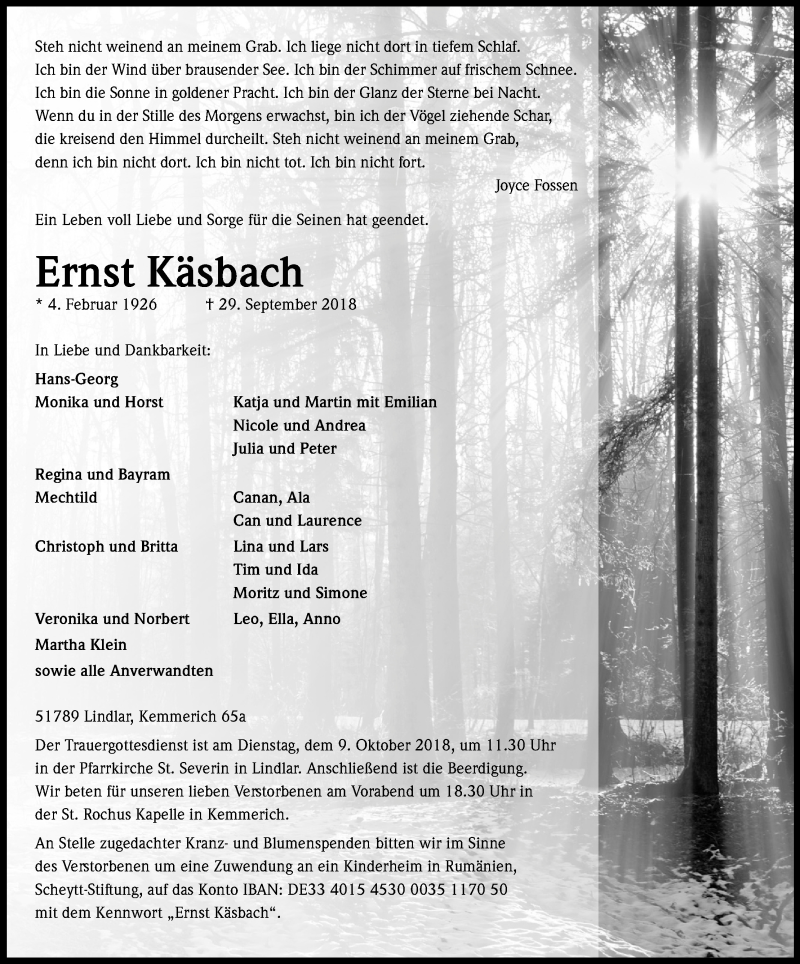  Traueranzeige für Ernst Käsbach vom 05.10.2018 aus Kölner Stadt-Anzeiger / Kölnische Rundschau / Express
