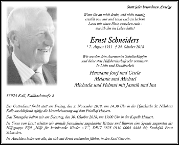 Anzeige von Ernst Schneiders von Kölner Stadt-Anzeiger / Kölnische Rundschau / Express