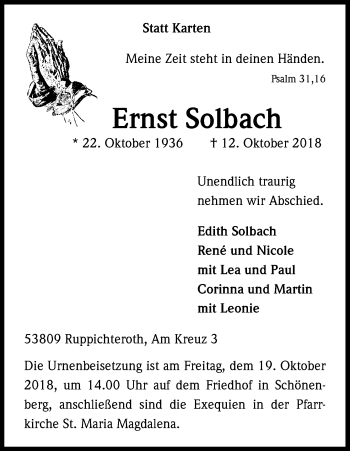 Anzeige von Ernst Solbach von Kölner Stadt-Anzeiger / Kölnische Rundschau / Express