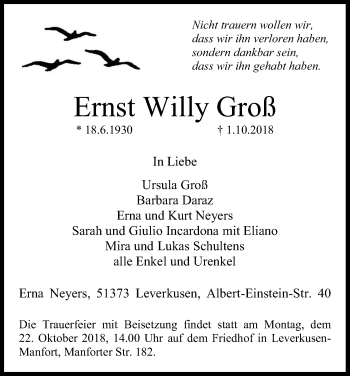 Anzeige von Ernst Willy Groß von Kölner Stadt-Anzeiger / Kölnische Rundschau / Express