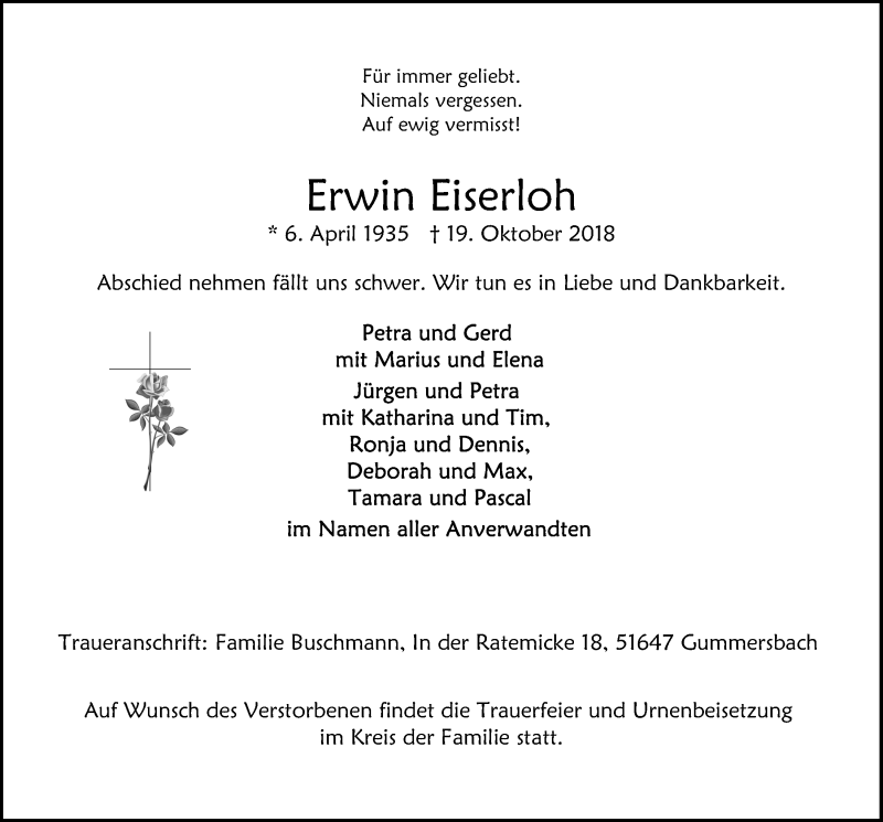 Traueranzeige für Erwin Eiserloh vom 24.10.2018 aus  Anzeigen Echo 