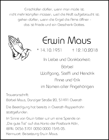Anzeige von Erwin Maus von Kölner Stadt-Anzeiger / Kölnische Rundschau / Express