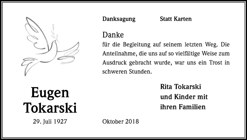  Traueranzeige für Eugen Tokarski vom 20.10.2018 aus Kölner Stadt-Anzeiger / Kölnische Rundschau / Express