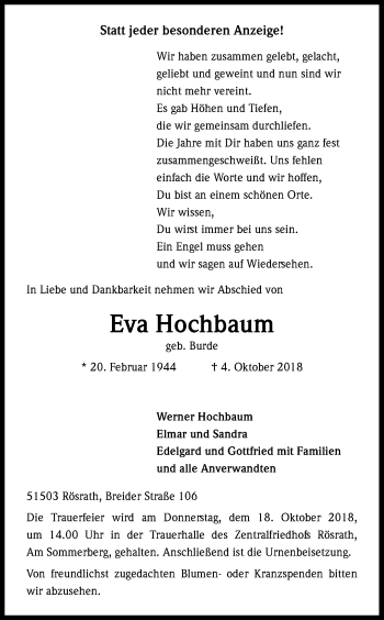 Anzeige von Eva Hochbaum von Kölner Stadt-Anzeiger / Kölnische Rundschau / Express