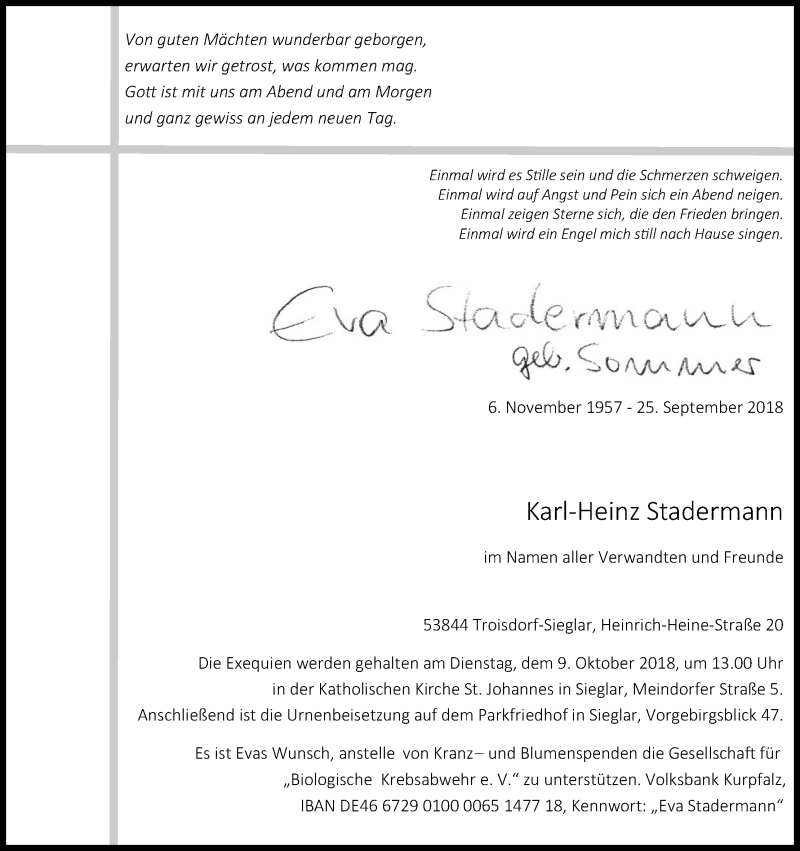  Traueranzeige für Eva Stadermann vom 03.10.2018 aus Kölner Stadt-Anzeiger / Kölnische Rundschau / Express