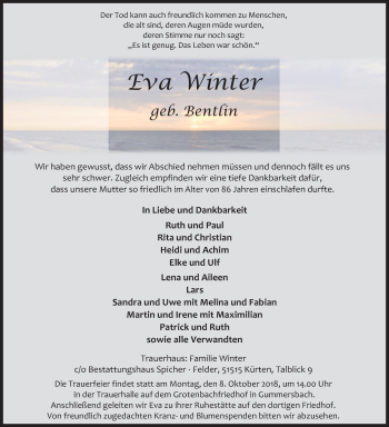 Anzeige von Eva Winter von Kölner Stadt-Anzeiger / Kölnische Rundschau / Express