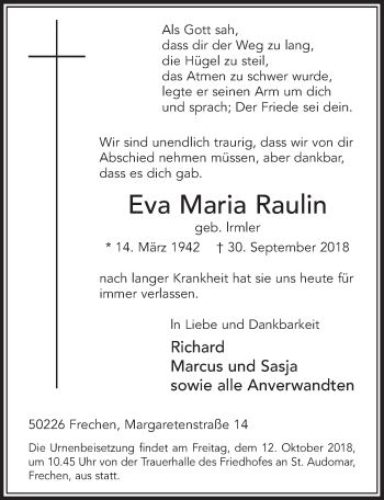 Anzeige von Eva Maria Raulin von  Sonntags-Post 