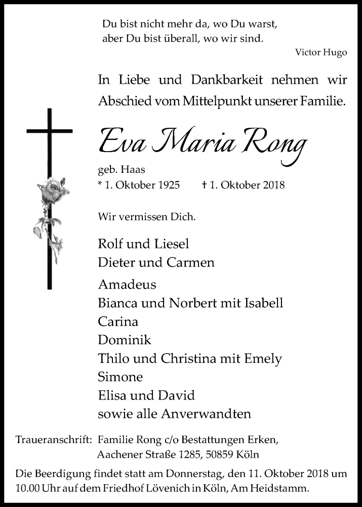  Traueranzeige für Eva Maria Rong vom 06.10.2018 aus Kölner Stadt-Anzeiger / Kölnische Rundschau / Express