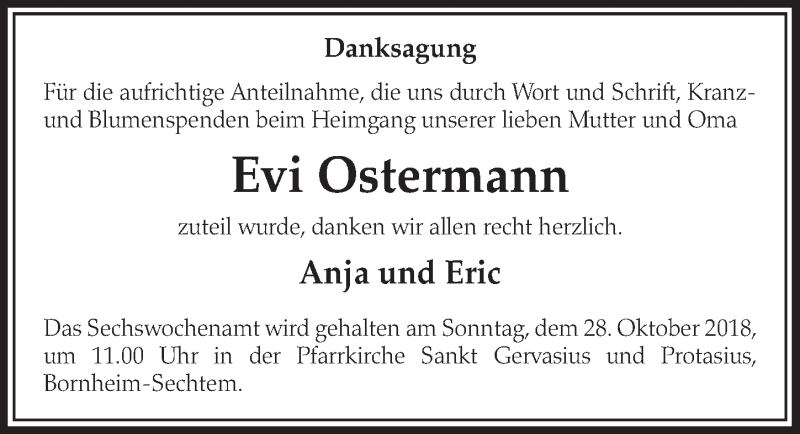  Traueranzeige für Evi Ostermann vom 24.10.2018 aus  Schlossbote/Werbekurier 