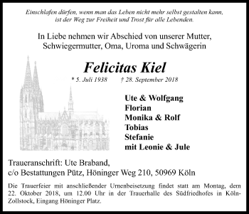Anzeige von Felicitas Kiel von Kölner Stadt-Anzeiger / Kölnische Rundschau / Express