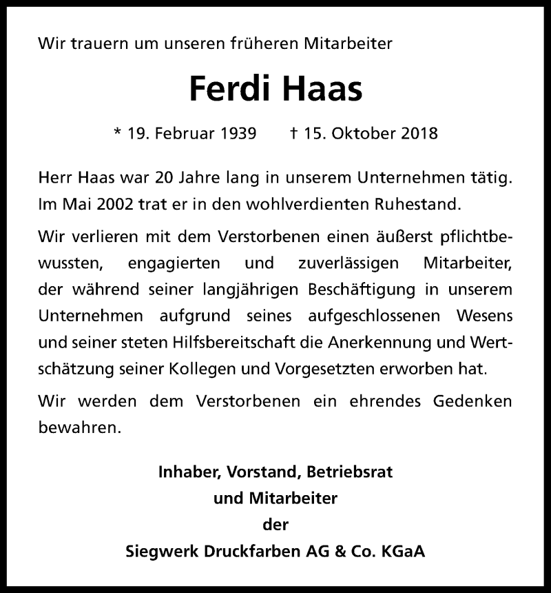 Traueranzeige für Ferdi Haas vom 27.10.2018 aus Kölner Stadt-Anzeiger / Kölnische Rundschau / Express