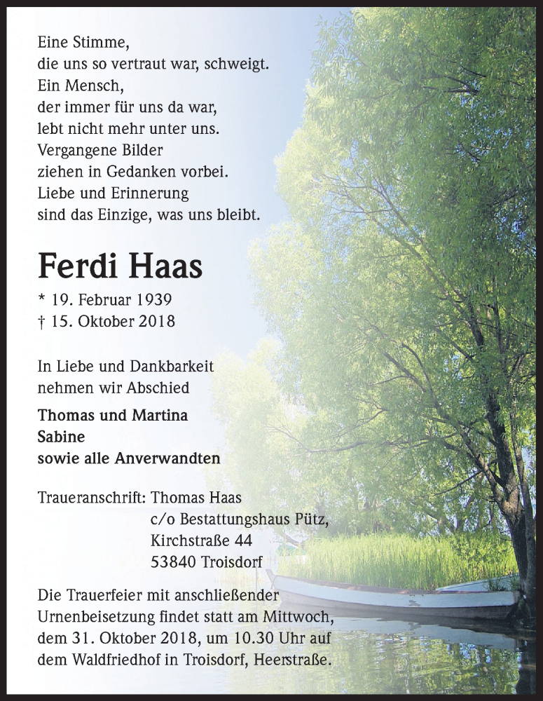  Traueranzeige für Ferdi Haas vom 20.10.2018 aus Kölner Stadt-Anzeiger / Kölnische Rundschau / Express