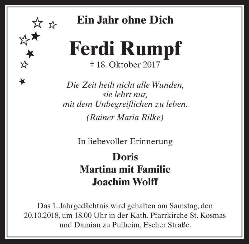  Traueranzeige für Ferdi Rumpf vom 17.10.2018 aus  Wochenende 