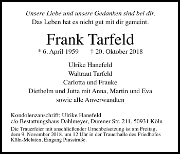 Anzeige von Frank Tarfeld von Kölner Stadt-Anzeiger / Kölnische Rundschau / Express