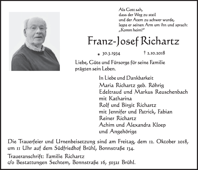  Traueranzeige für Franz-Josef Richartz vom 10.10.2018 aus  Schlossbote/Werbekurier 