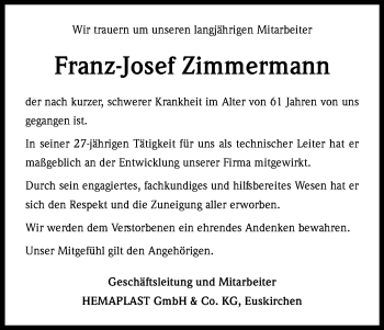 Anzeige von Franz-Josef Zimmermann von Kölner Stadt-Anzeiger / Kölnische Rundschau / Express