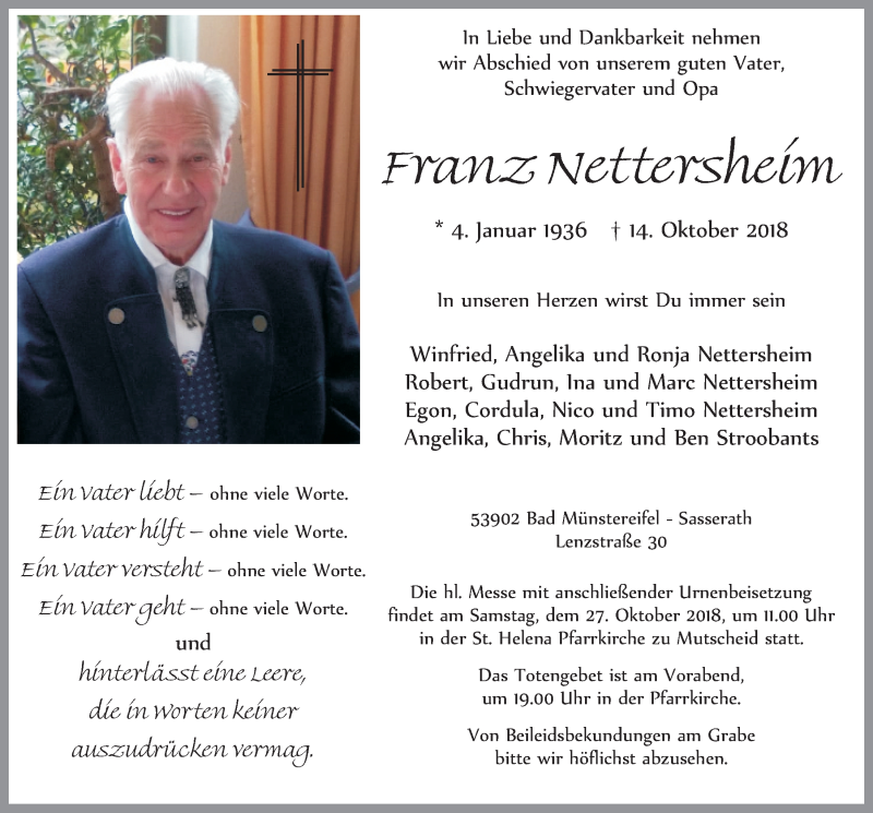  Traueranzeige für Franz Nettersheim vom 20.10.2018 aus  Blickpunkt Euskirchen 