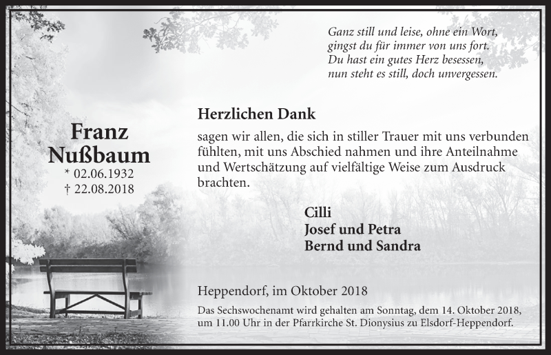  Traueranzeige für Franz Nußbaum vom 06.10.2018 aus  Sonntags-Post 