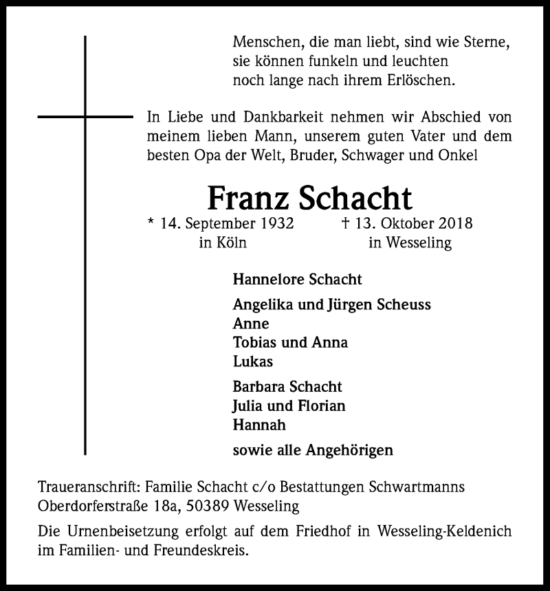  Traueranzeige für Franz Schacht vom 27.10.2018 aus Kölner Stadt-Anzeiger / Kölnische Rundschau / Express
