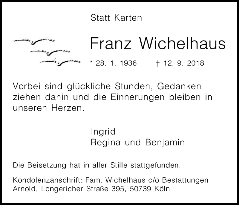  Traueranzeige für Franz Wichelhaus vom 06.10.2018 aus Kölner Stadt-Anzeiger / Kölnische Rundschau / Express