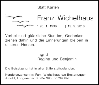 Anzeige von Franz Wichelhaus von Kölner Stadt-Anzeiger / Kölnische Rundschau / Express