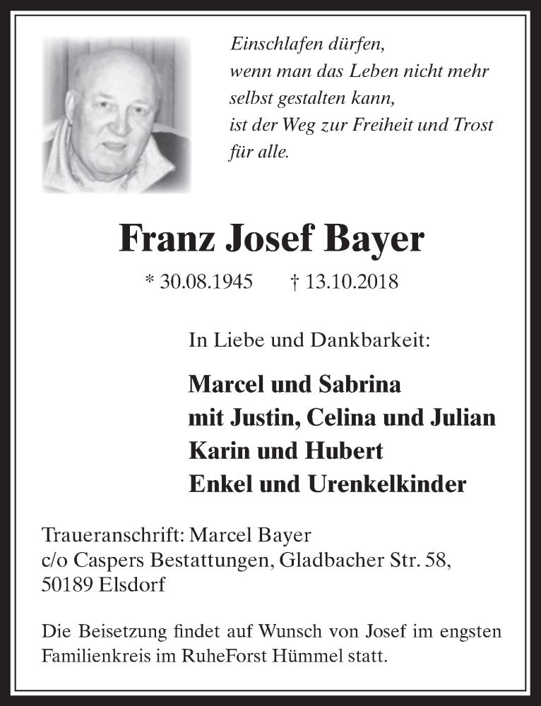  Traueranzeige für Franz Josef Bayer vom 31.10.2018 aus  Werbepost 