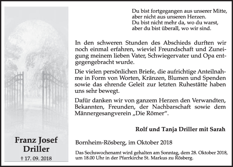  Traueranzeige für Franz Josef Driller vom 17.10.2018 aus  Schlossbote/Werbekurier 