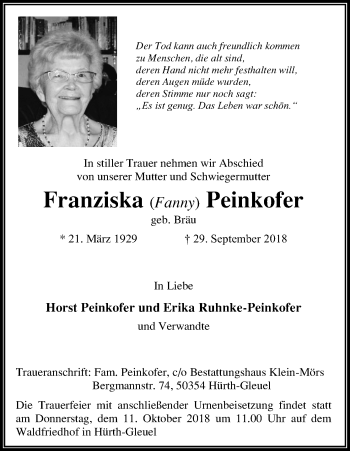 Anzeige von Franziska  Peinkofer von Kölner Stadt-Anzeiger / Kölnische Rundschau / Express