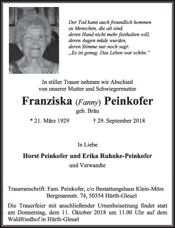 Anzeige von Franziska  Peinkofer von  Sonntags-Post 