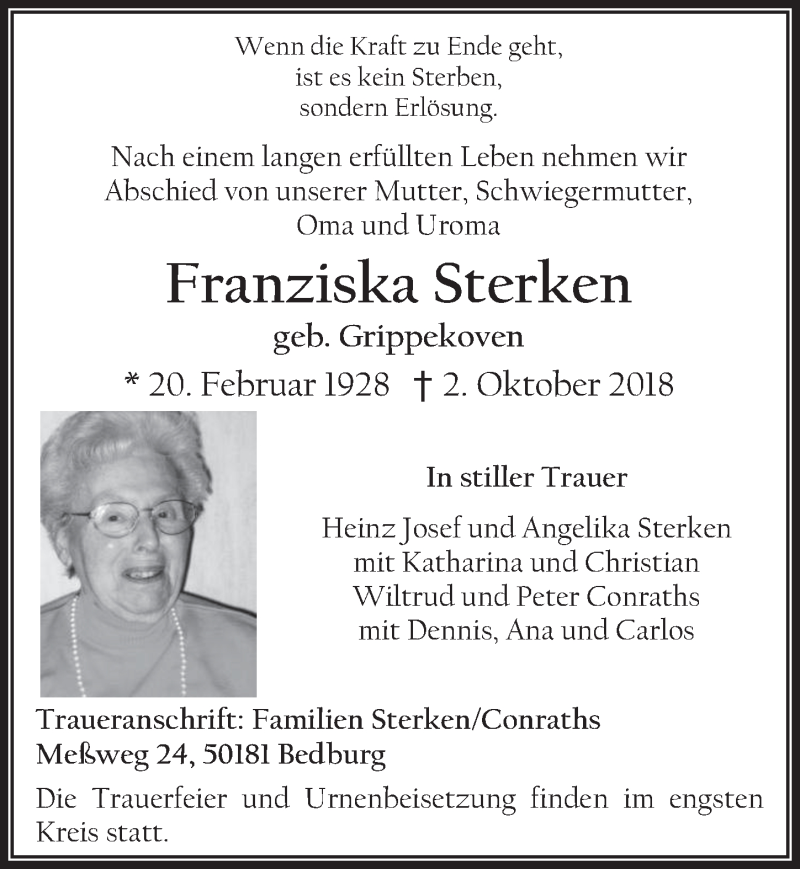  Traueranzeige für Franziska Sterken vom 10.10.2018 aus  Werbepost 