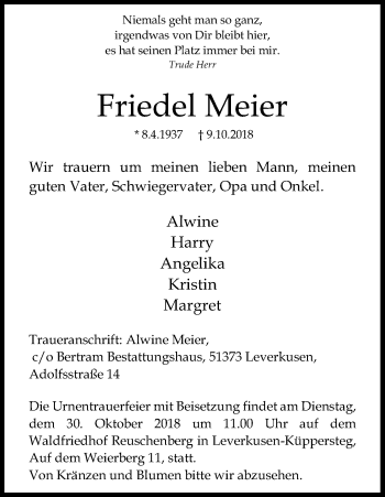 Anzeige von Friedel Meier von Kölner Stadt-Anzeiger / Kölnische Rundschau / Express