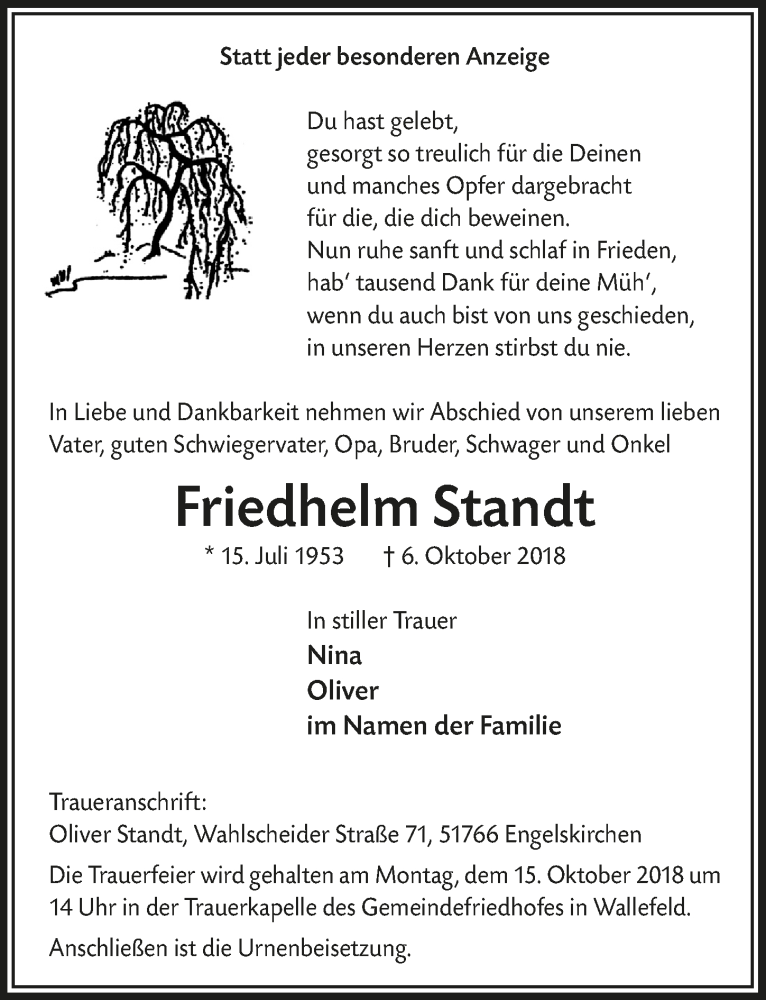  Traueranzeige für Friedhelm Standt vom 10.10.2018 aus  Anzeigen Echo 