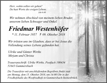 Anzeige von Friedmar Westenhöfen von Kölner Stadt-Anzeiger / Kölnische Rundschau / Express